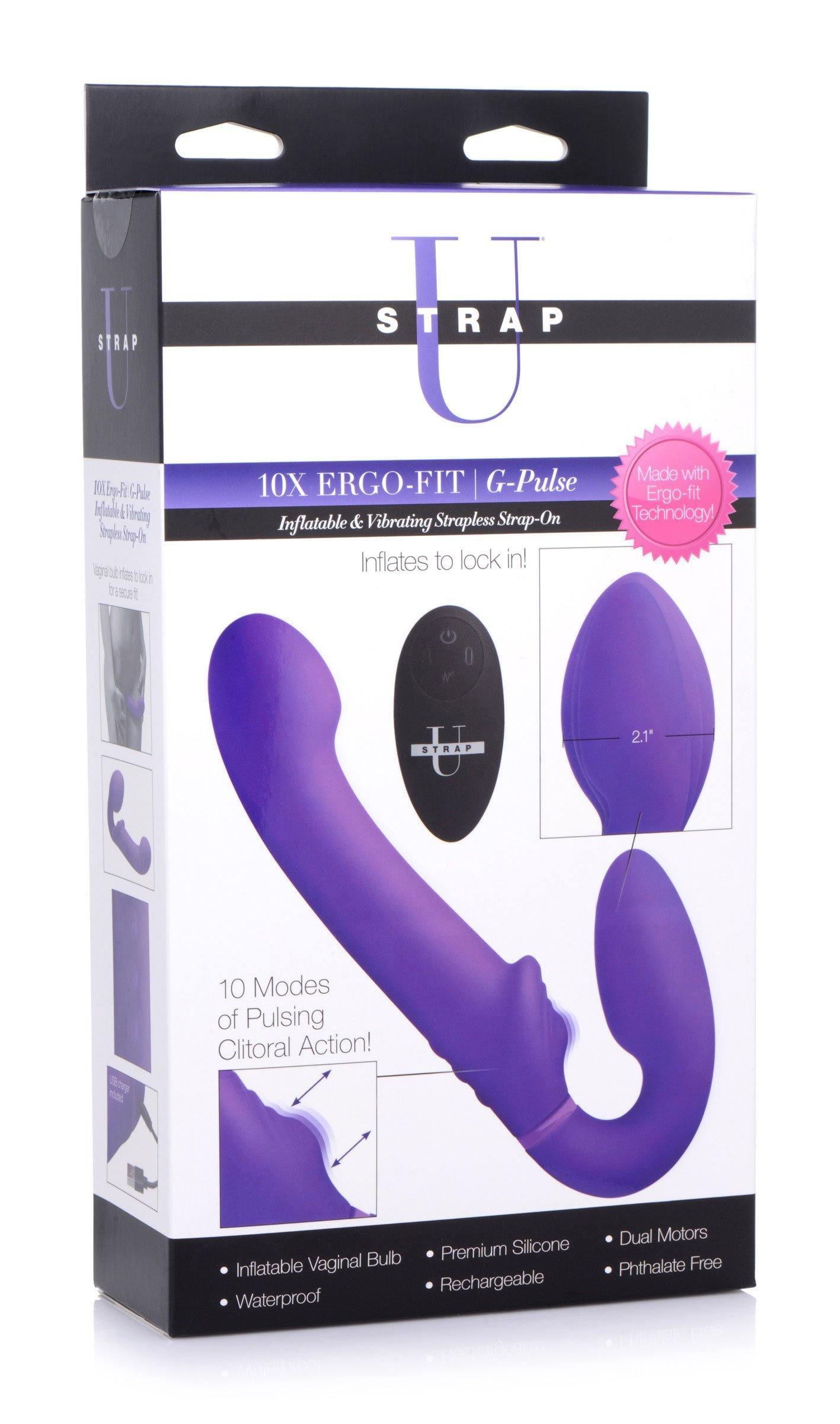 10x Ergo- Fit G-Pulse Inflatable and Vibrating Strapless Strap- on - Purple - My Sex Toy Hub