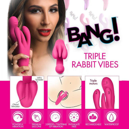 10X Triple Rabbit Silicone Clitoral Vibrator - Pink - My Sex Toy Hub