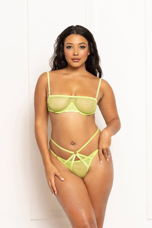2 Pc Fishnet and Strappy Elastic Bra and Thong Set - One Size - Lime - My Sex Toy Hub
