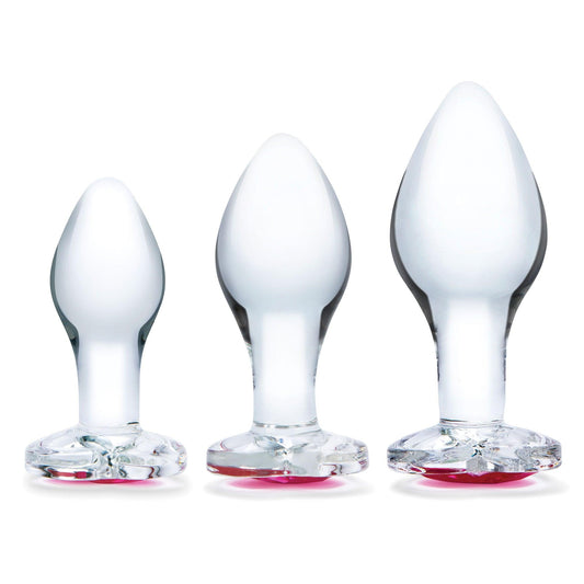 3 Pc Heart Jewel Glass Anal Training Kit - Clear/pink - My Sex Toy Hub