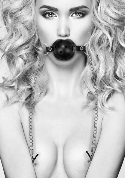 Breathable Ball Gag With Nipple Clamps - Black - My Sex Toy Hub