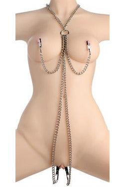 Chained Collar With Nipple and Clit Clamps - Silver - My Sex Toy Hub