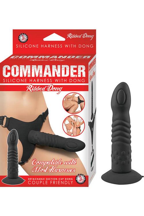 Commander Ribbed Dong With Harness - Black - My Sex Toy Hub