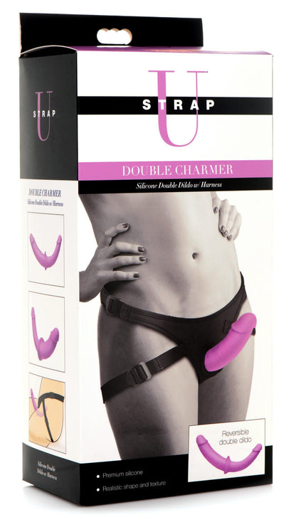 Double Charmer Silicone Double Dildo With Harness - Purple - My Sex Toy Hub
