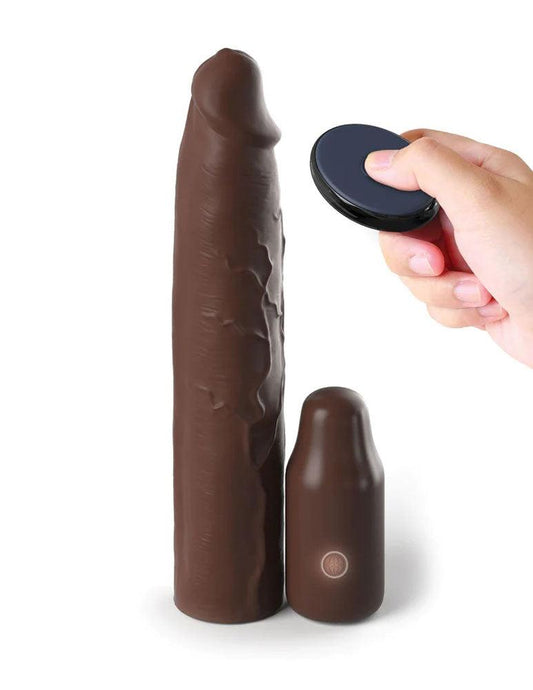 Fantasy X-Tensions Elite 9 Inch Sleeve Vibrating 3 Inch Plug With Remote - Brown - My Sex Toy Hub