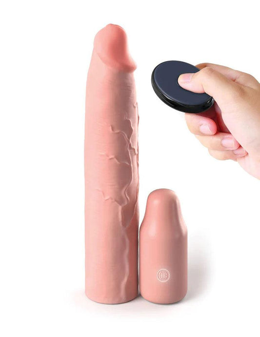 Fantasy X-Tensions Elite 9 Inch Sleeve Vibrating 3 Inch Plug With Remote - Light - My Sex Toy Hub