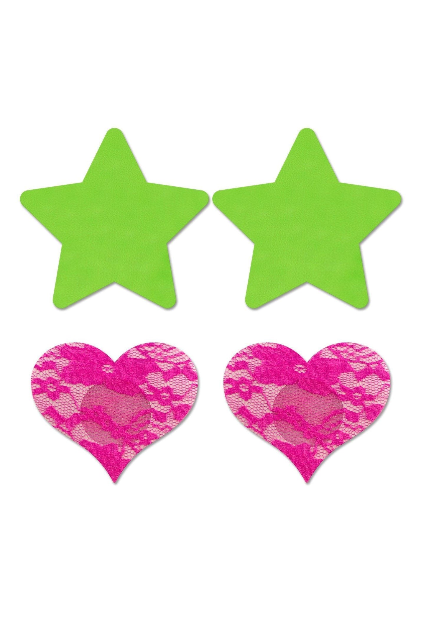 Fashion Pasties Set - Neon Green Solid Star and Neon Pink Lace Heart - My Sex Toy Hub