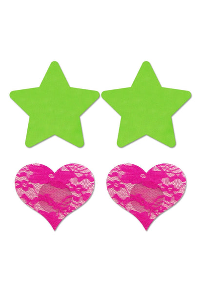 Fashion Pasties Set - Neon Green Solid Star and Neon Pink Lace Heart - My Sex Toy Hub