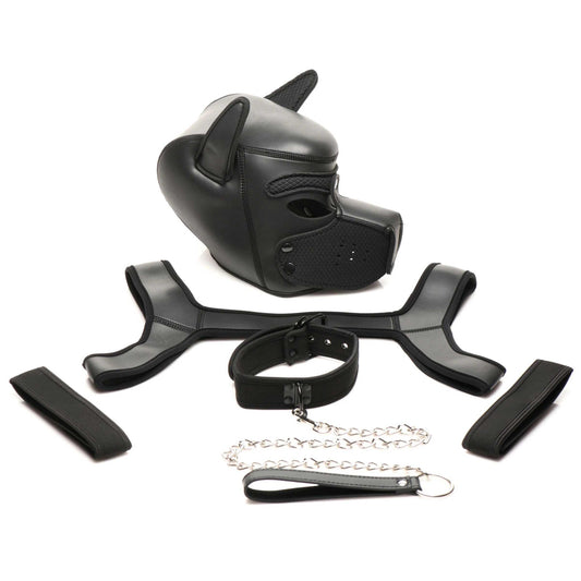 Full Pup Arsenal Set Neoprene Puppy Hood, Chest Harness, Collar With Leash and Arm Band - Black - My Sex Toy Hub