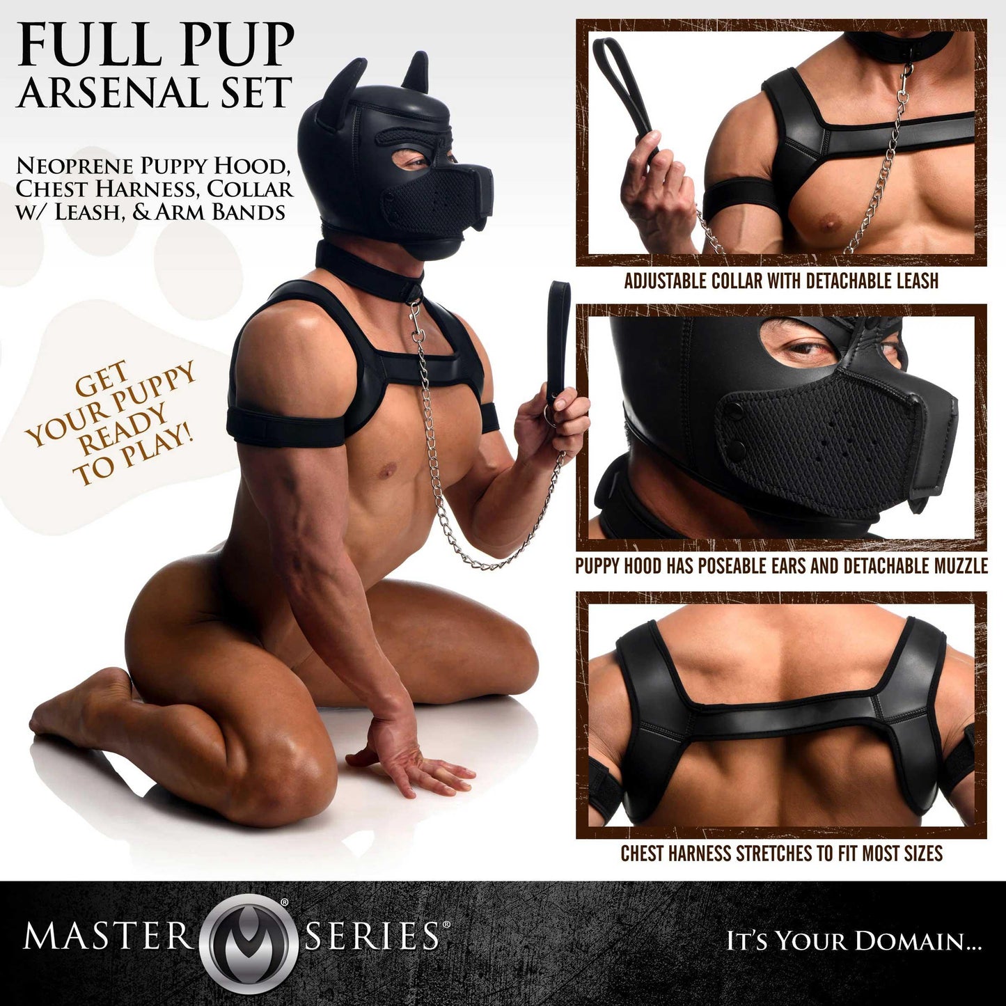 Full Pup Arsenal Set Neoprene Puppy Hood, Chest Harness, Collar With Leash and Arm Band - Black - My Sex Toy Hub