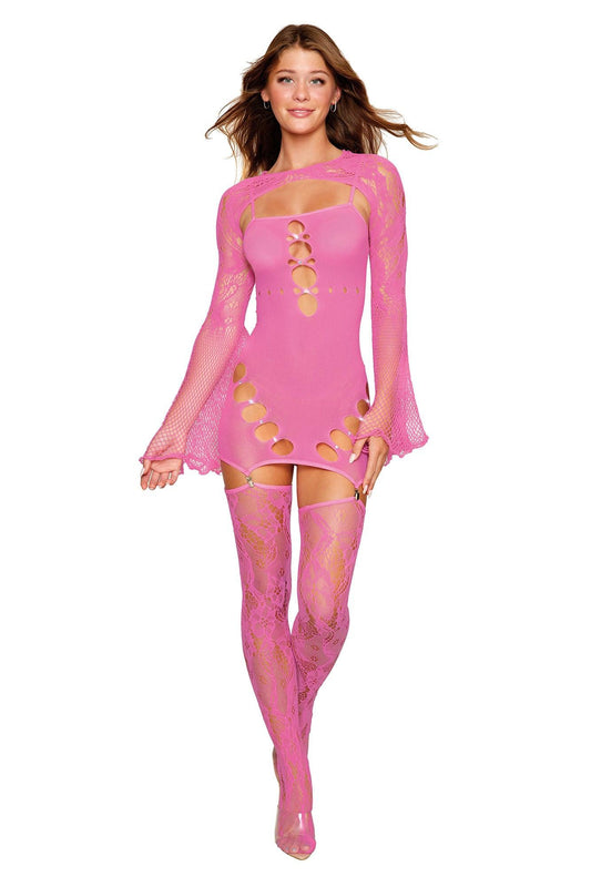 Garter Dress With Thigh High and Shrug - One Size - Milkshake Pink - My Sex Toy Hub