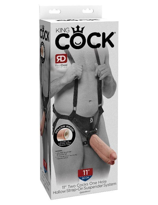 King Cock 11 inch Two Cocks One Hole Hollow Strap-on Suspender System - Flesh - My Sex Toy Hub