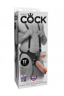 King Cock 11" Two Cocks One Hole Hollow Strap-on Suspender System - Flesh - My Sex Toy Hub