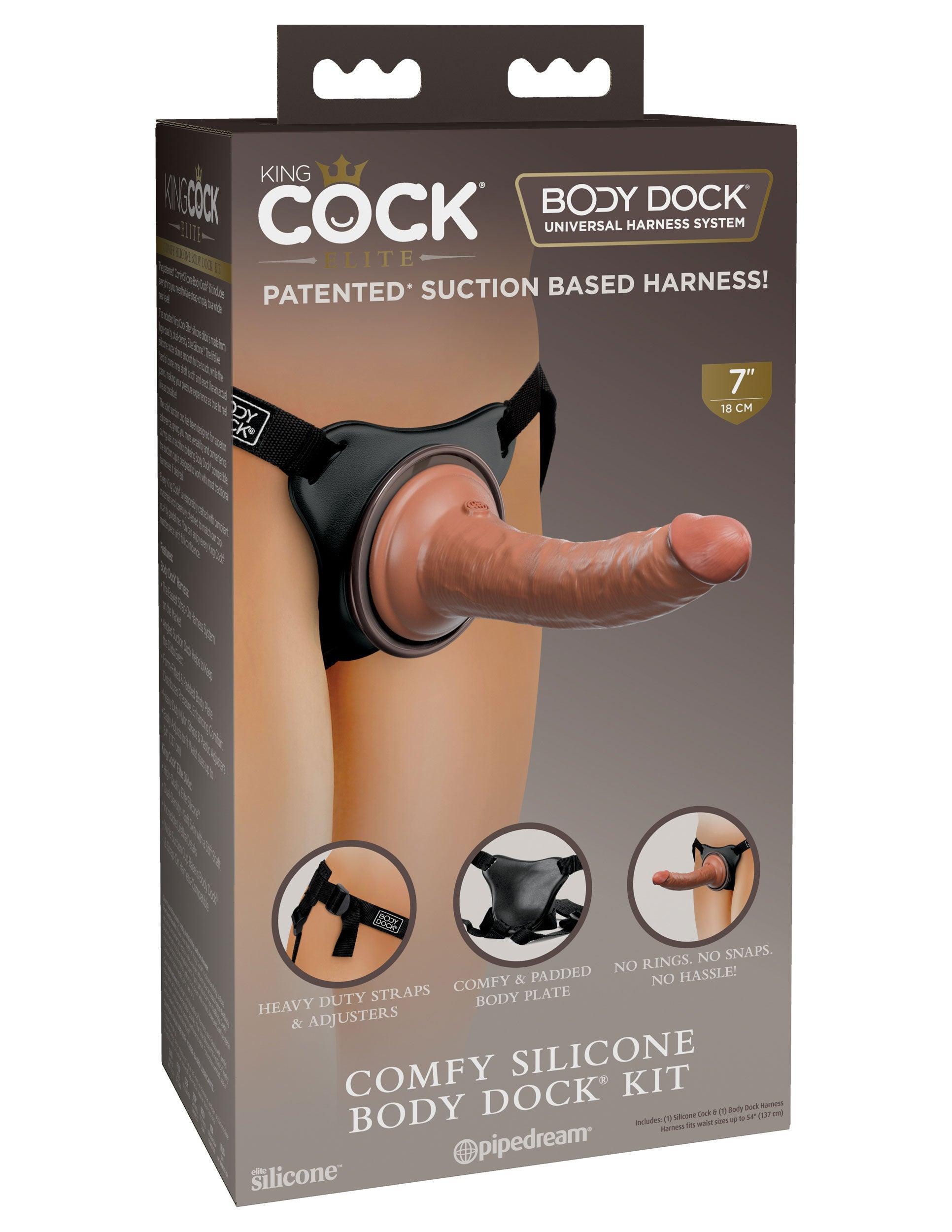 King Cock Elite Comfy Silicone Body Dock Kit - Harness and 7 Inch Dildo - Tan - My Sex Toy Hub