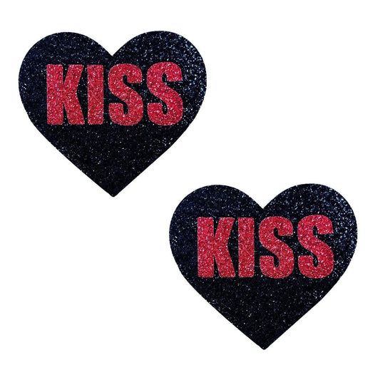 Kiss Red and Black Valentine Glitter Heart Nipple Cover Pasties - My Sex Toy Hub