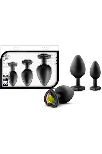 Luxe - Bling Plugs Training Kit - Black With Rainbow Gems - My Sex Toy Hub
