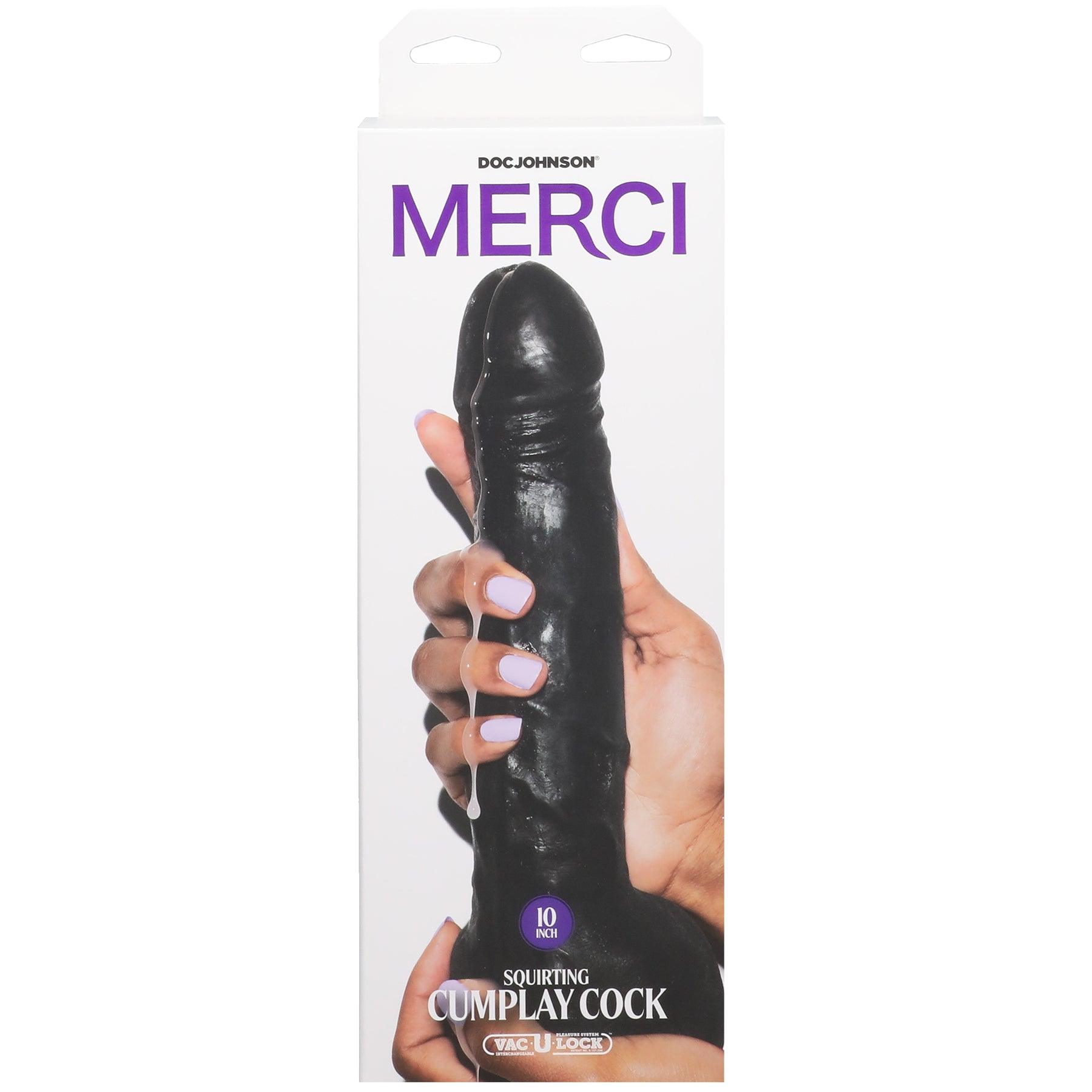 Merci - 10 Inch Dual Density Squirting Cumplay Cock With Removable Vac-U-Lock Suction Cup - Black - My Sex Toy Hub