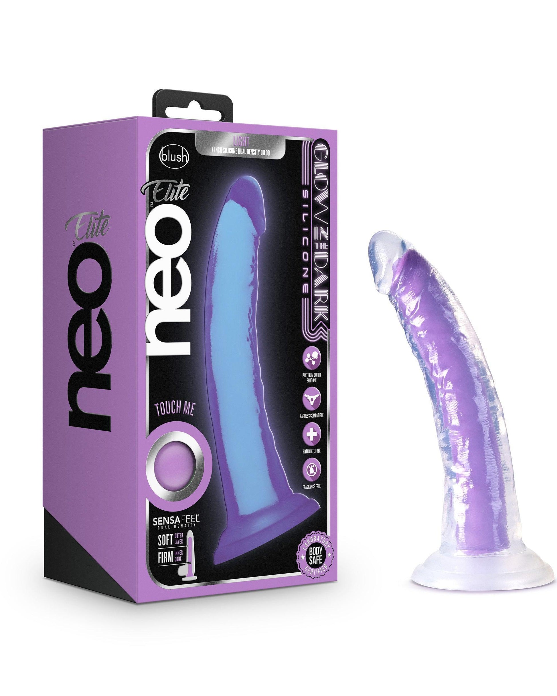 Neo Elite Glow in the Dark - Light - 7 Inch Silicone Dual Density Dildo - Neon Purple - My Sex Toy Hub