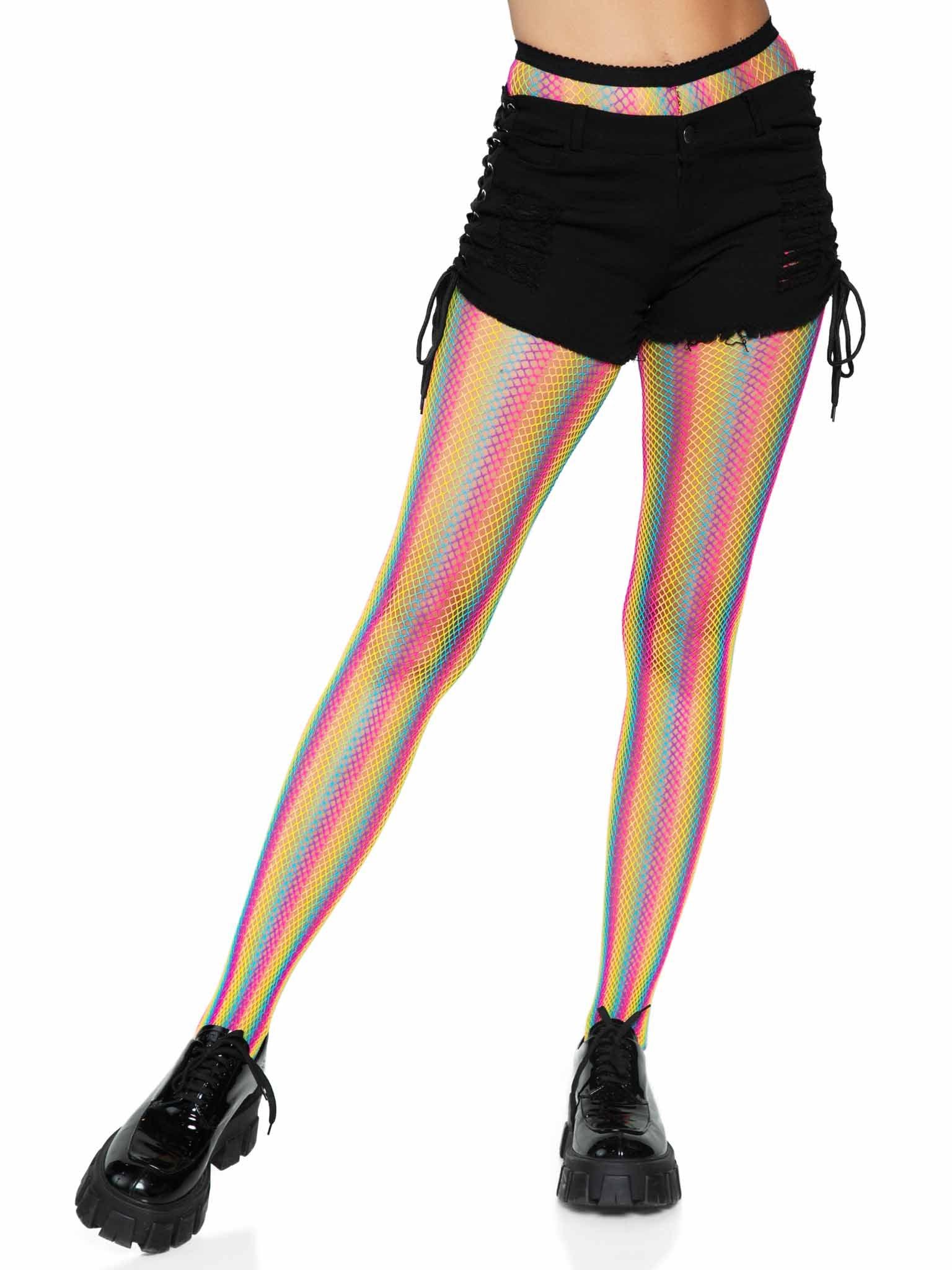 Neon Rainbow Striped Fishnet Tights - One Size - Multicolor - My Sex Toy Hub