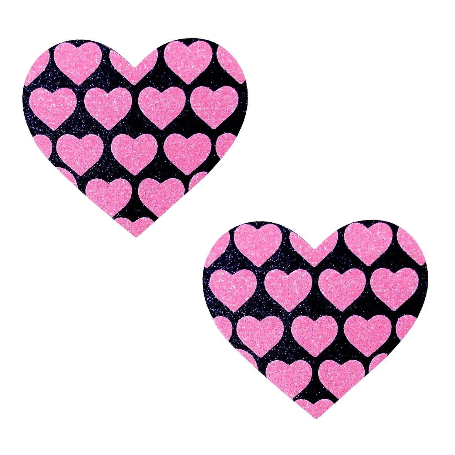 Pink Heart Neon Valentines Black Glitter Heart Nipple Cover Pasties - My Sex Toy Hub