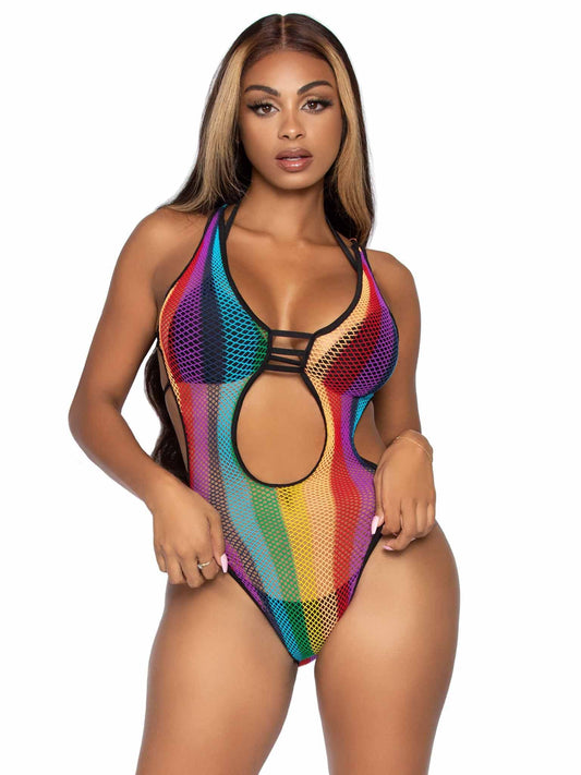 Rainbow Fishnet Cut Out Bodysuit With Strappy Bikini Back - One Size - Multicolor - My Sex Toy Hub