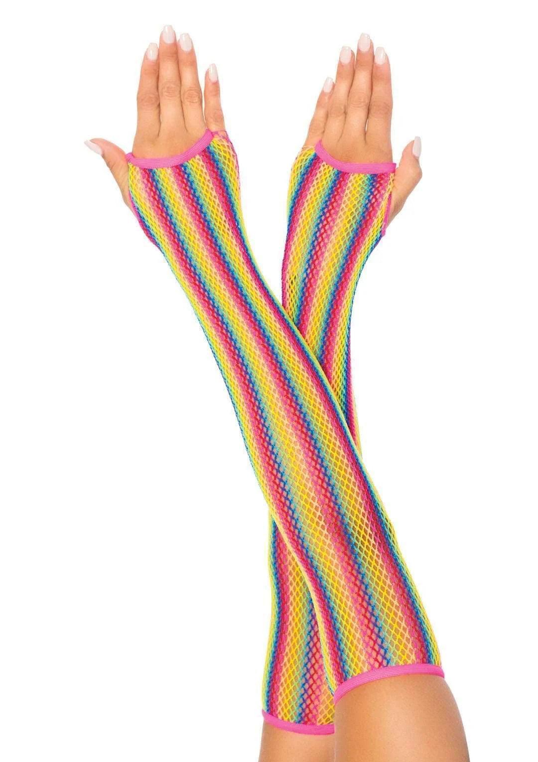 Rainbow Net Fingerless Arm Warmer Gloves - One Size - Multicolor - My Sex Toy Hub