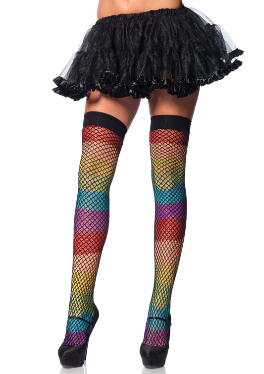 Rainbow Thigh Highs With Fishnet Overlay - One Size - My Sex Toy Hub