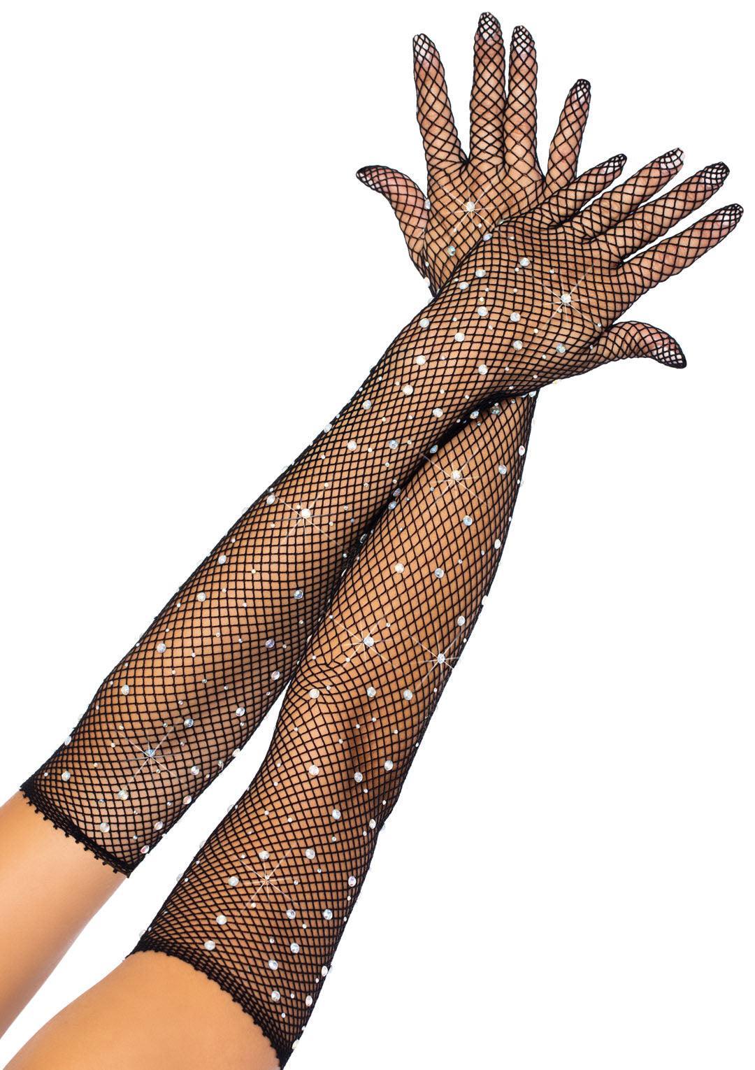 Rhinestone Fishnet Long Gloves - Black - My Sex Toy Hub