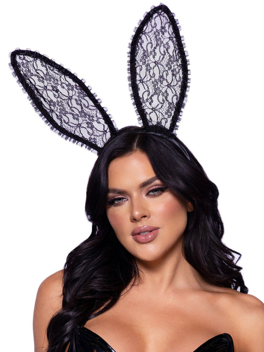 Ruffle Trimmed Bendable Lace Bunny Ears - Black - My Sex Toy Hub