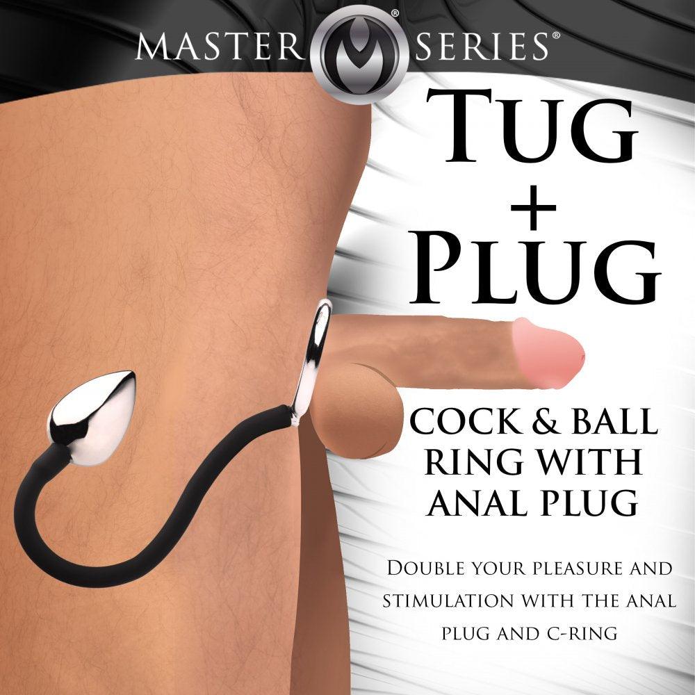 Tug Plus Plug Cock and Ball Ring With Anal Plug - Black - My Sex Toy Hub