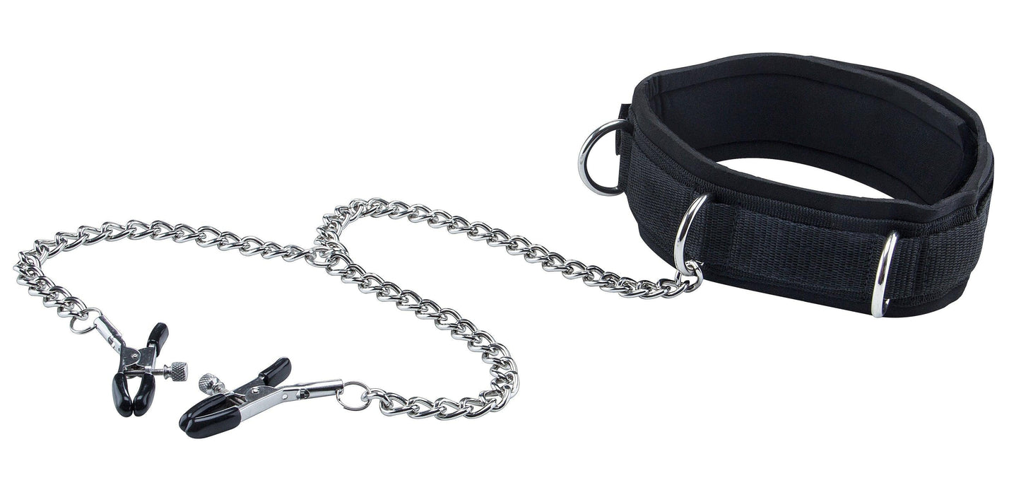 Velcro Collar With Nipple Clamps - Black - My Sex Toy Hub