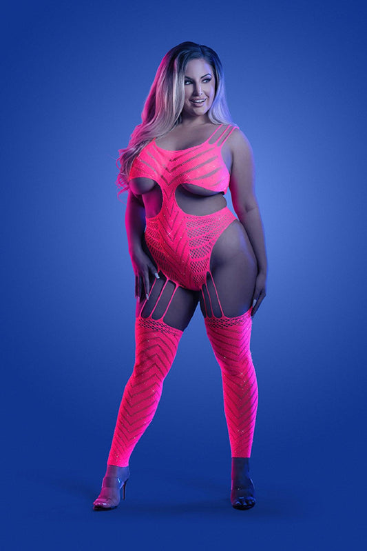 Wavelength Cutout Rhinestone Teddy Bodystocking - Queen - Neon Pink - My Sex Toy Hub