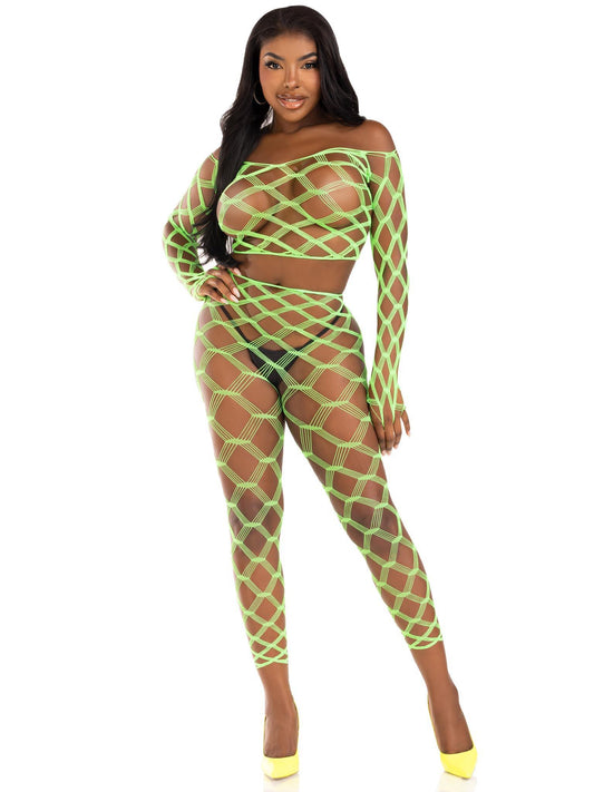 2 Pc Net Crop Top and Footless Tights - One Size - Neon Green - My Sex Toy Hub