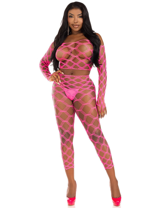 2 Pc Net Crop Top and Footless Tights - One Size - Neon Pink - My Sex Toy Hub