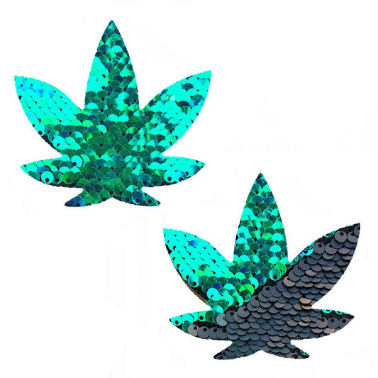 Ariel - Green to Black Flip Sequin Gold Dope Af Weed Leaf Pasties - My Sex Toy Hub