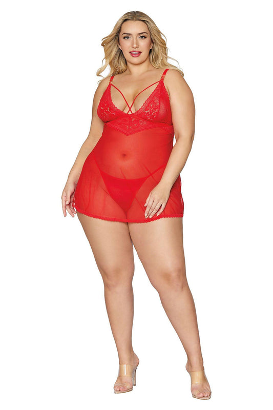 Babydoll and G-String - Queen Size - Lipstick Red - My Sex Toy Hub