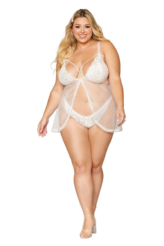 Babydoll and Pearl G-String - Queen Size - White - My Sex Toy Hub