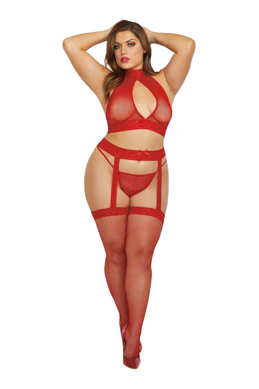 Bralette, Garterhose, and G-String - Queen Size - Rouge - My Sex Toy Hub