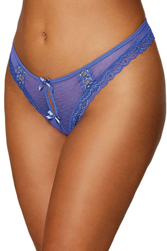 Dot Mesh Open Crotch Thong - Large - Periwinkle - My Sex Toy Hub