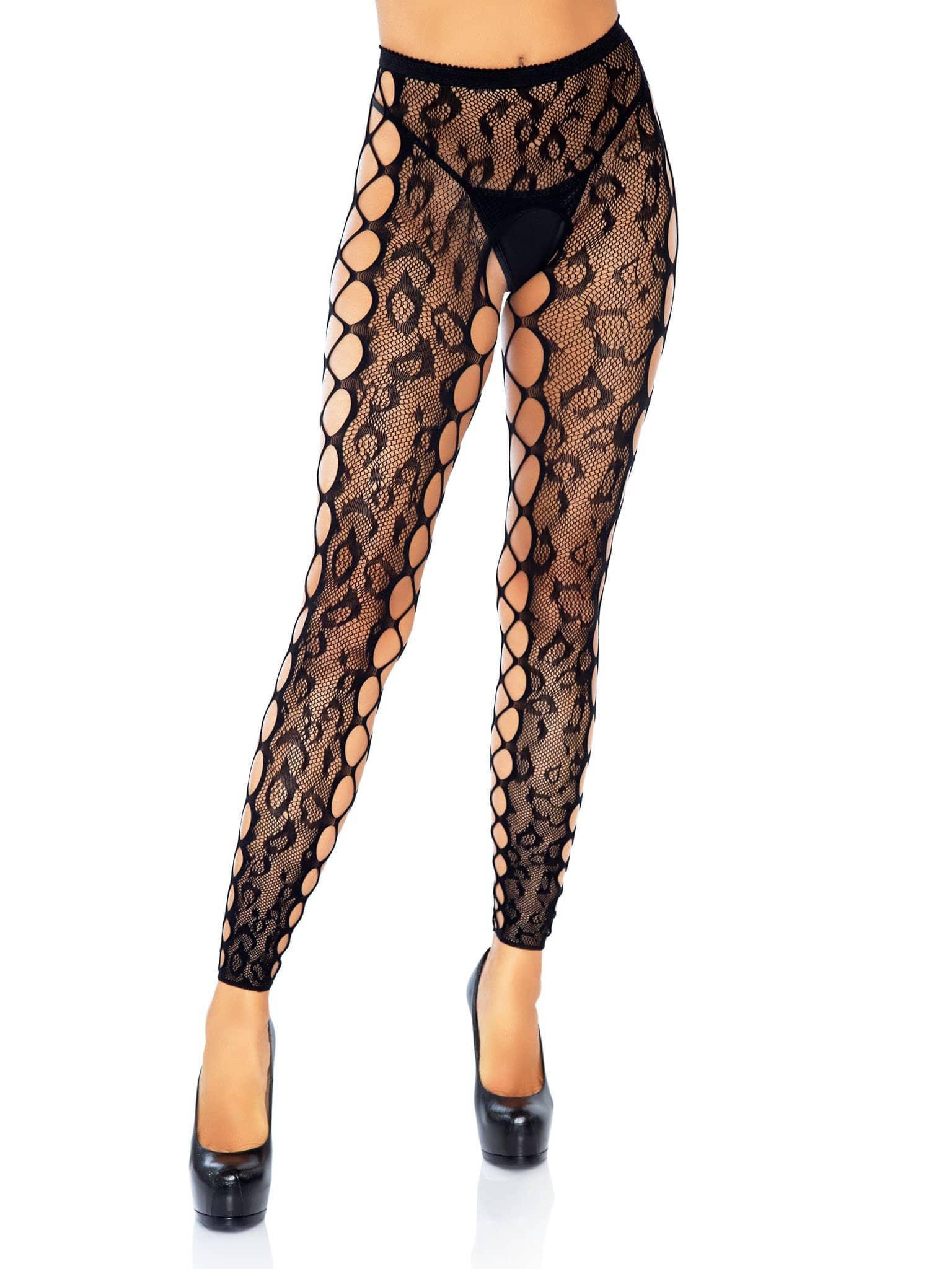 Footless Leopard Lace Crotchless Tights - Black - My Sex Toy Hub