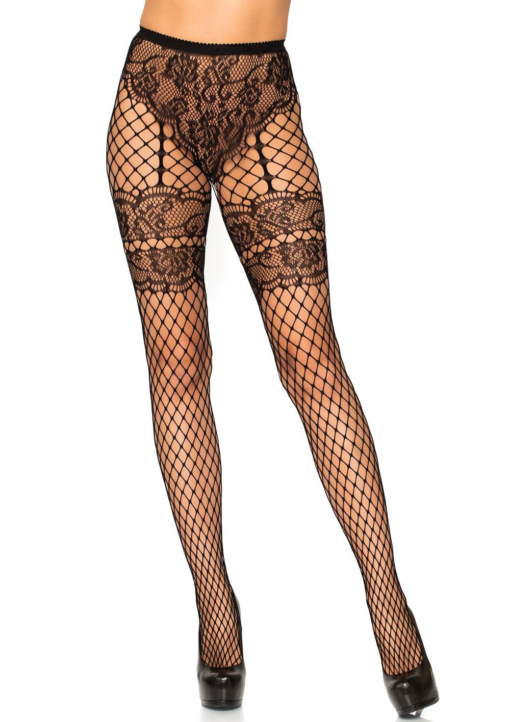 Lace French Cut Faux Garter Net Tights - One Size Black - My Sex Toy Hub