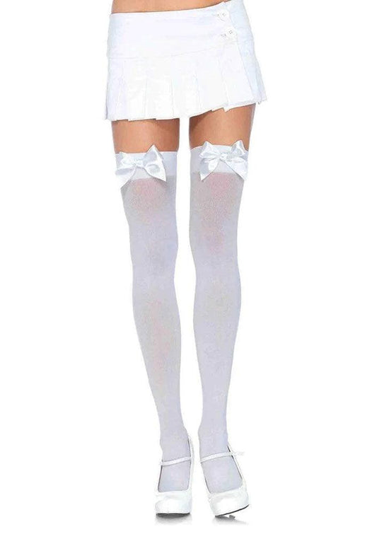 Opaque Thigh Highs With Satin Bow Accent - One Size - White - My Sex Toy Hub