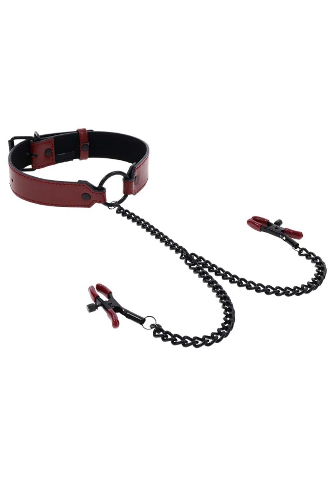 Saffron Collar With Nipple Clamps - Black/red - My Sex Toy Hub