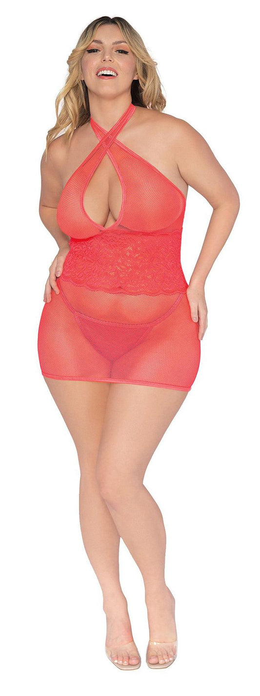 Stretch Fishnet and Scalloped Stretch Lace Chemise - Queen - Coral - My Sex Toy Hub